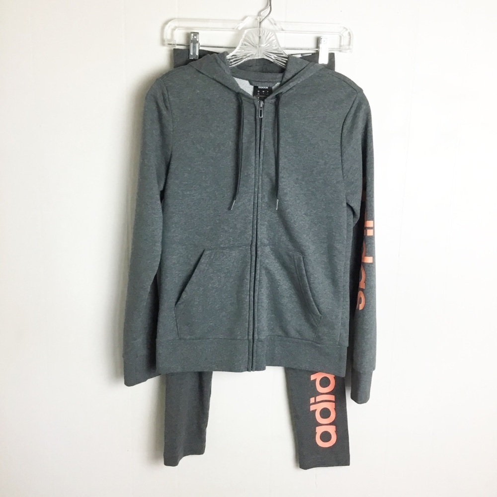 Adidas Fitted Normal Length Gray & Pink Matching Suit Size S Hoodie Pants